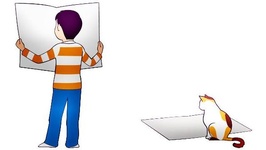 Ausschnitt: Zeichnung von Kind und Katze, Zeitung lesend 