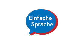 Sprechblase in rot und blau mit weißer Schrift 