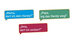 verschiedenfarbige Sprechblasen mit den Schriftzügen "Mama, darf ich dein Handy", "Papa, leg das Handy weg" und "Oma, darf ich zocken"