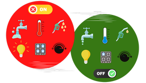 roter und grüner Kreis mit versch. Symbolen zu Energieverbrauch bzw. -sparen 
