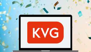 KVG-Logo auf Notebook-Screen mit Konfetti im Hintergrund