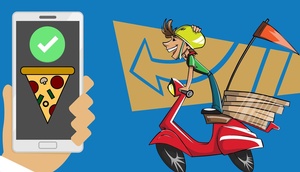 Pizzalieferung mit Moped, Smartphone, Bestellbutton