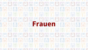 Schriftzug "Frauen" auf buntem Untergrund