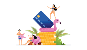 Zeichnung von einem Mann und zwei Frauen in Badebekleidung mit Urlaubsaccessoires wie Schwimmreifen; zu sehen sind außerdem überdimensionale Münzen und eine überdimensionale Debit- bzw. Kreditkarte