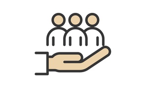 Stilisierte Zeichnung von drei Personen, die in einer überdimensionierten Hand "sitzen"