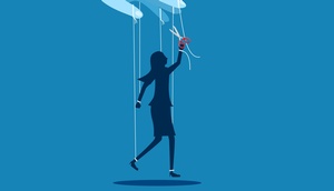 Zeichnung einer Person, die an Fäden einer Marionette hängt und diese durchschneidet