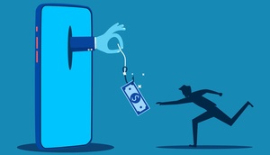 Zeichnung eines überdimensionalen Mobiltelefons, aus dem ein Haken mit einem Geldschein ragt; ein Mann versucht, den Geldschein zu greifen