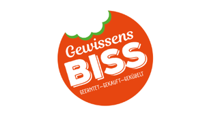 Logo Gewissensbiss, ein roter Kreis, der an einer Seite grün umrandet angebissen wird