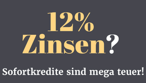 gelber Schriftzug auf grauem Hintergrund: "12 Prozent Zinsen? Sofortkredite sind mega teuer."
