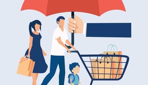 Zeichnung: Familie beim Einkaufen unter großem Schirm, Cover der Broschüre 
