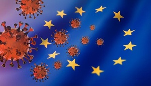 Abb.: Coronavirus, im Hintergrund die EU Flagge
