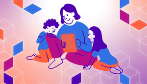 Grafik eine am Boden sitzenden Frau, die ein elektronisches Gerät in Händen hält; zwei Kinder sitzen neben der Frau und blicken auf das Gerät