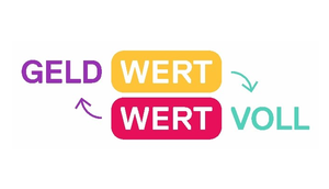 Logo mit Schriftzug Geldwert, Wertvoll in bunten Farben