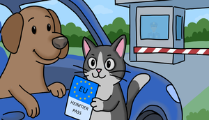 Zeichnung von Hund und Katze an der Grenze mit Heimtierpass
