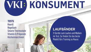 Cover der Februar-Ausgabe der Zeitschrift "Konsument" (Frau steht am Schreibtisch und trainiert nebenbei auf Laufband)