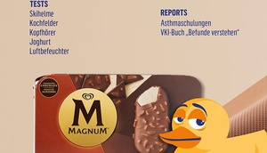 Cover der Dezember-Ausgabe der Zeitschrift KONSUMENT (Konsum-Ente, Eskimo Magnum-Mandel)