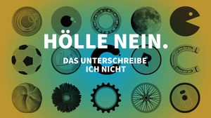 Postkarte mit Schriftzug "Hölle nein. Das unterschreibe ich nicht"; im Hintergrund verschiedene runde Symbole als Illustration, © BMSGPK