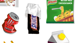 Farbige Zeichnungen von Lebensmitteln bzw. ihren Verpackungen (Knabbernossi, Getränkedose, Tütensuppe, Schokoriegel), © Armutskonferenz/BMSGPK