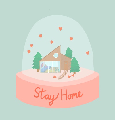 Schneekugel mit Haus, darunter Text "stay home"