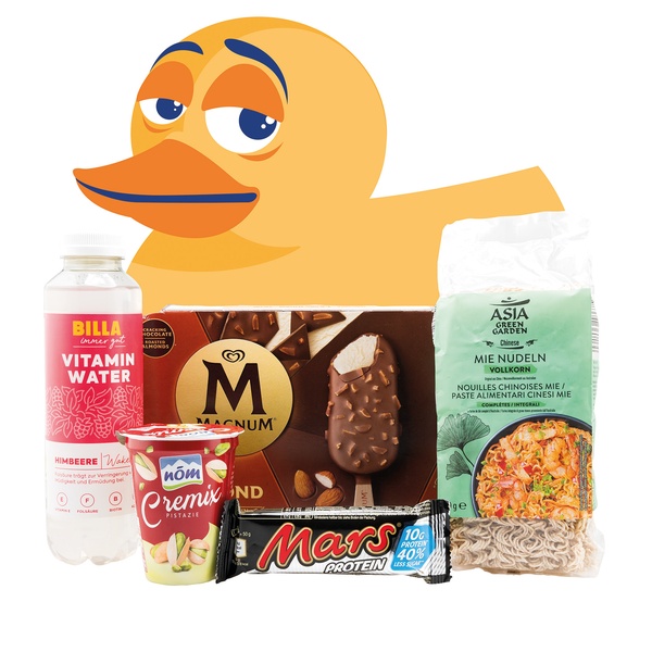 KONSUM-Ente mit zur Wahl stehenden Produkten, © Verein für Konsumenteninformation (VKI)