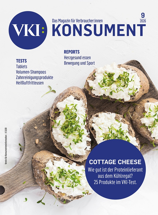 Cover der September-Ausgabe der Zeitschrift "Konsument" (mit Cottage Cheese bestrichene Brötchen), &copy; Verein für Konsumenteninformation (VKI)