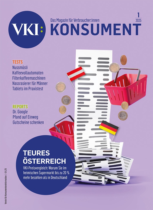 Cover der Jänner-Ausgabe der Zeitschrift KONSUMENT (Einkaufskörbe, Münzen, Rechnung), © Verein für Konsumenteninformation (VKI)