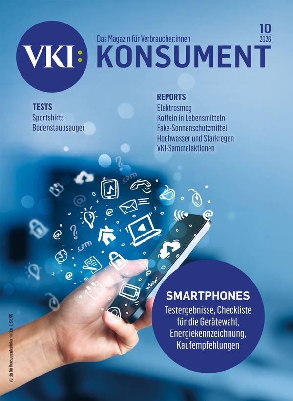 Cover der Oktober-Ausgabe der Zeitschrift KONSUMENT (Smartphone mit digitalen Symbolen), &copy; Verein für Konsumenteninformation (VKI)