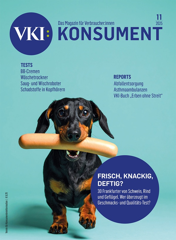 Cover der November-Ausgabe der Zeitschrift KONSUMENT (Dackel mit Frankfurter), © Verein für Konsumenteninformation (VKI)