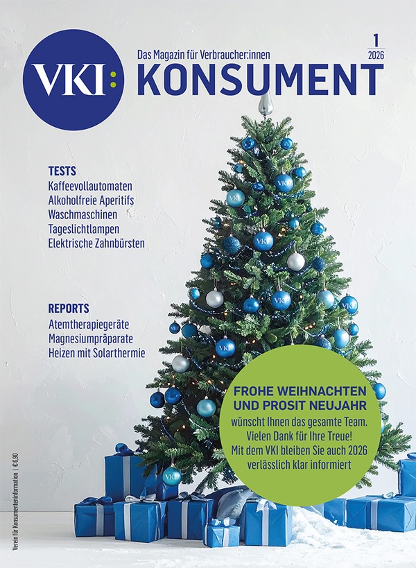 Cover der Jänner-Ausgabe der Zeitschrift KONSUMENT (Weihnachtsbaum), &copy; Verein für Konsumenteninformation (VKI)