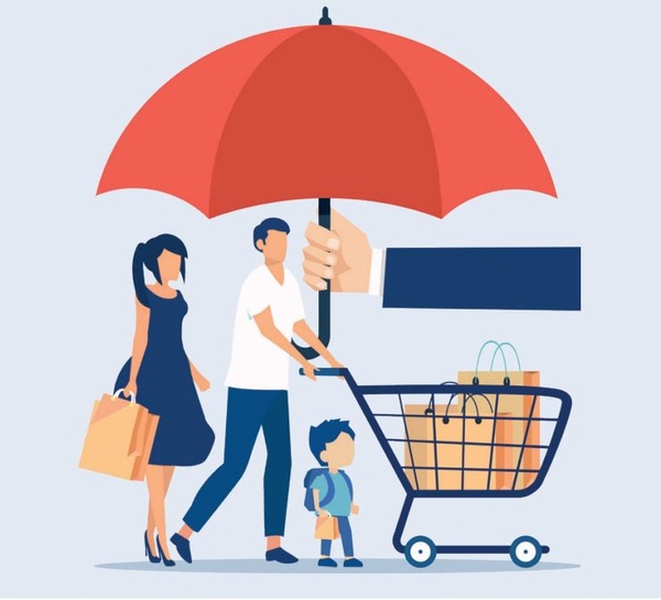 Zeichnung: Familie beim Einkaufen unter großem Schirm, Cover der Broschüre , © VKI