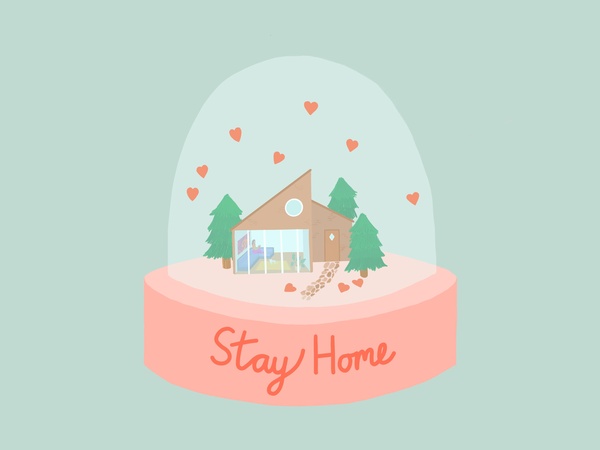Schneekugel mit Haus, darunter Text "stay home", © United Nations