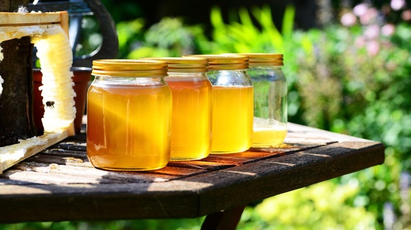 4 Gläser mit Honig, leuchtend durch die Sonne, Bienenwabe, © PollyDot auf Pixabay