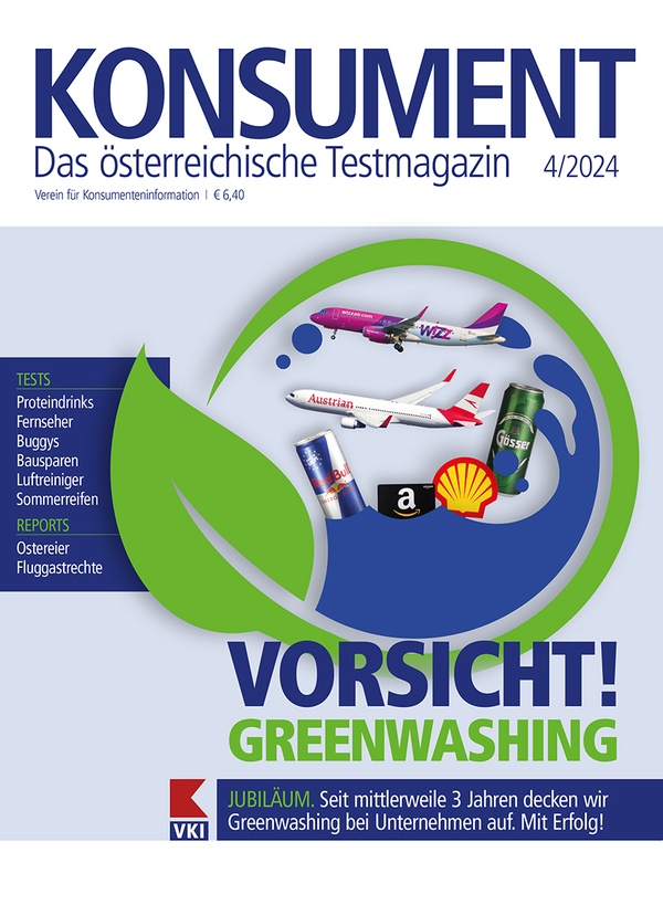 Symbol für Greenwashing, in der Mitte Flugzeuge von Austrian und WIZZ, Gösser und Red Bull Getränkedose, Logos Amazon, Shell, © VKI
