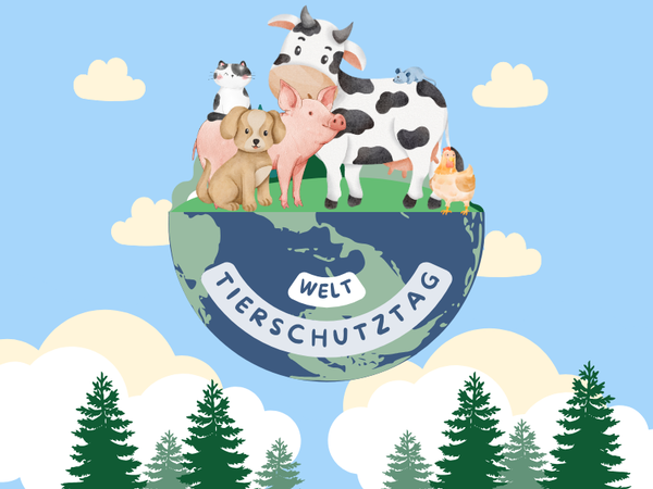 Zeichnung von einer halben Weltkugel auf der Tiere sitzen. Auf der unteren Hälfte steht der Schriftzug Welttierschutztag, © BMASGPK - Evita Sipek