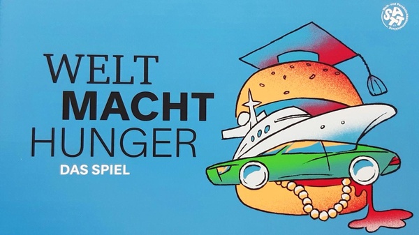 Spiele Cover, Zeichnung von Dr. Burger gefüllt mit Yacht, Sportauto und Perlenkette, © Bildung 2030, Plattform für globales Lernen