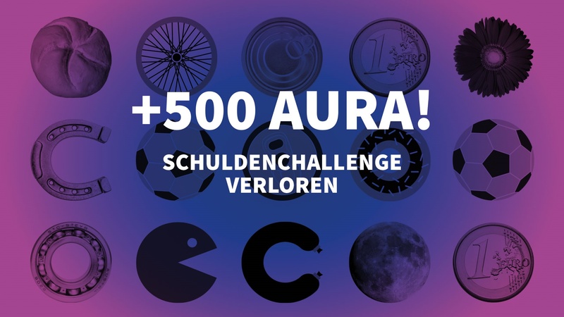 Postkarte mit Schriftzug "+ 500 Aura! Schuldenchallenge verloren"; im Hintergrund verschiedene runde Symbole als Illustration, © BMSGPK Postkarte mit Schriftzug "+ 500 Aura! Schuldenchallenge verloren"; im Hintergrund verschiedene runde Symbole als Illustration, © BMSGPK