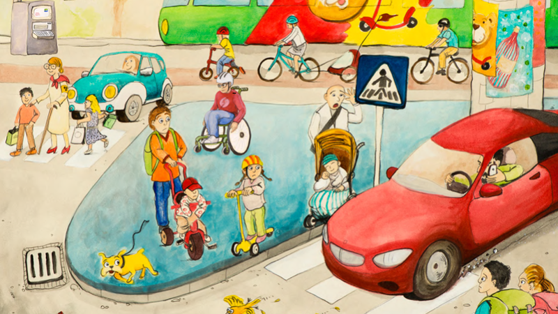 Bunt gezeichnete Straßenszene, © R. Krischanitz / BMASGPK Bunt gezeichnete Straßenszene, © R. Krischanitz / BMASGPK