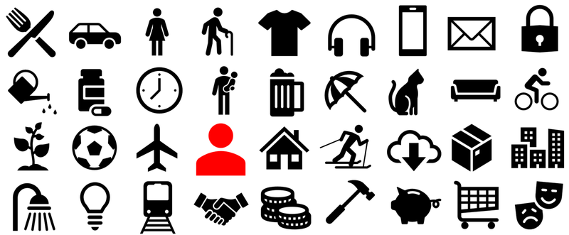 Icons als Symbole für einzelne Bereiche z.B. Reisen, Geld, Wohnen, Kultur , © AK Icons als Symbole für einzelne Bereiche z.B. Reisen, Geld, Wohnen, Kultur , © AK