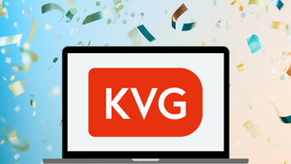 KVG-Logo auf Notebook-Screen mit Konfetti im Hintergrund