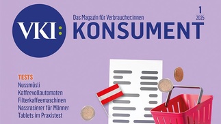 Cover der Jänner-Ausgabe der Zeitschrift KONSUMENT (Einkaufskörbe, Münzen, Rechnung)