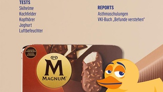 Cover der Dezember-Ausgabe der Zeitschrift KONSUMENT (Konsum-Ente, Eskimo Magnum-Mandel)