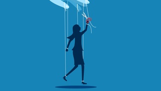 Zeichnung einer Person, die an Fäden einer Marionette hängt und diese durchschneidet