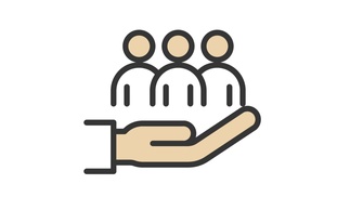 Stilisierte Zeichnung von drei Personen, die in einer überdimensionierten Hand 