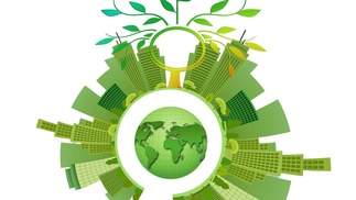 Nachhaltigkeit, dargestellt mit grüner Weltkugel, Häuser, Bäume