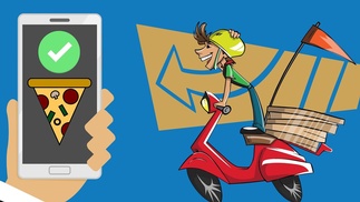 Pizzalieferung mit Moped, Smartphone, Bestellbutton