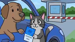 Zeichnung von Hund und Katze an der Grenze mit Heimtierpass