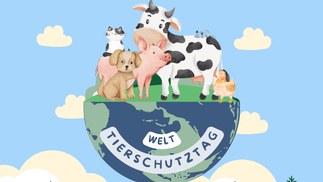 Zeichnung von einer halben Weltkugel auf der Tiere sitzen. Auf der unteren Hälfte steht der Schriftzug Welttierschutztag