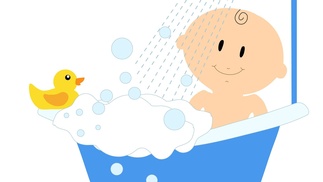 Baby in Badewanne mit Quietschente, Zeichnung 