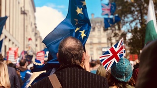 Menschenmenge in London, Mann hält EU-Flagge
